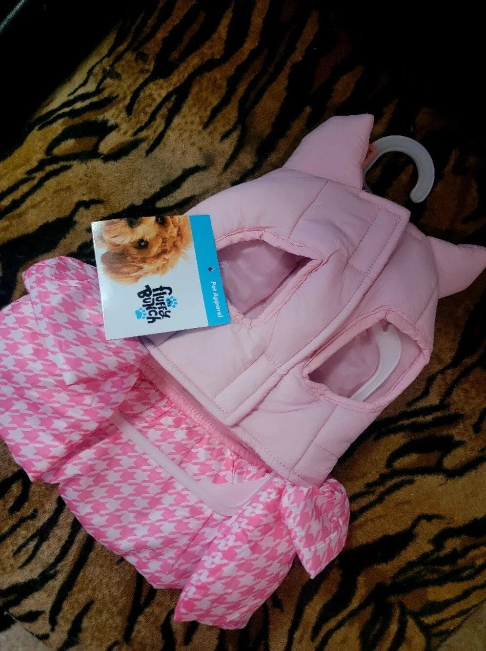 Pet Coat Puffer Dog Or Cat Pink Houndstooth W Bow Winter Wear Xs Or Sm Ea.